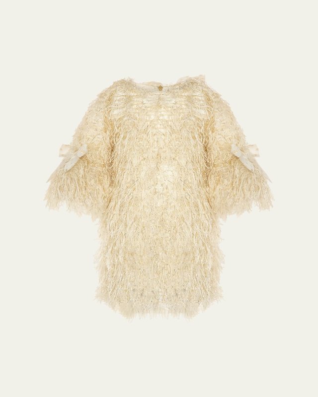 Girl's Fringe-Sleeve Feathered Dress, Size 3T-12
